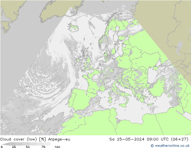 Cloud cover (low) Arpege-eu Sa 25.05.2024 09 UTC