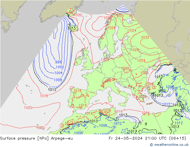 Pressione al suolo Arpege-eu ven 24.05.2024 21 UTC