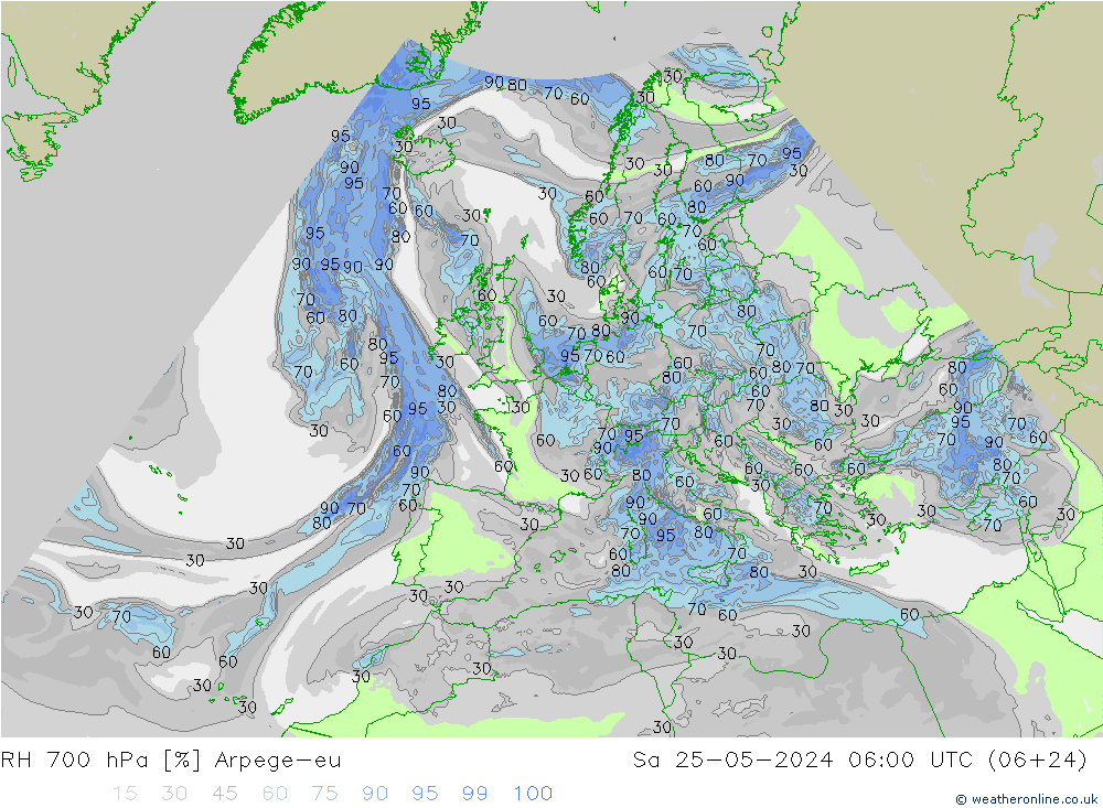 RH 700 hPa Arpege-eu Sáb 25.05.2024 06 UTC