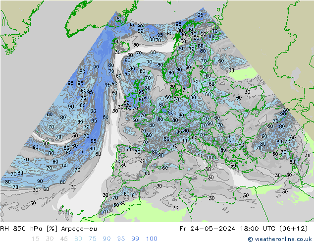 Humidité rel. 850 hPa Arpege-eu ven 24.05.2024 18 UTC