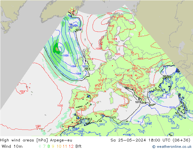 High wind areas Arpege-eu sab 25.05.2024 18 UTC