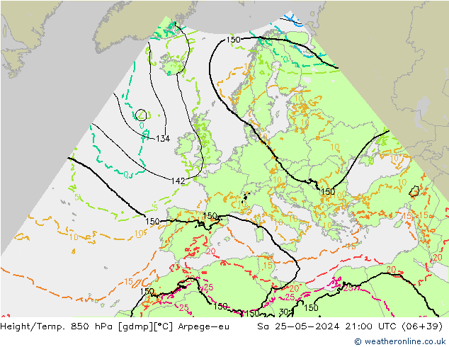 Height/Temp. 850 hPa Arpege-eu so. 25.05.2024 21 UTC