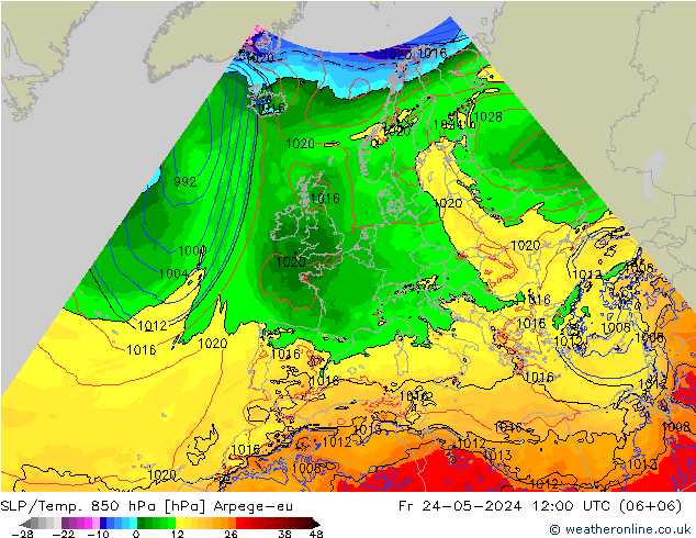 SLP/Temp. 850 hPa Arpege-eu Pá 24.05.2024 12 UTC