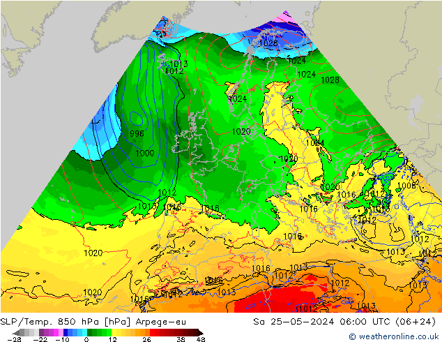 SLP/Temp. 850 hPa Arpege-eu sab 25.05.2024 06 UTC