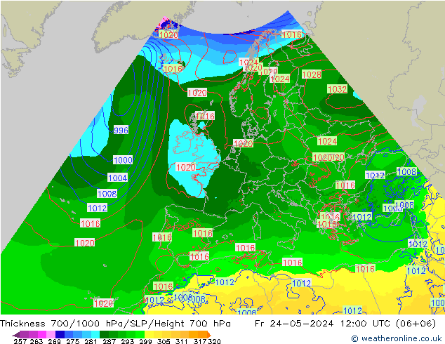 Espesor 700-1000 hPa Arpege-eu vie 24.05.2024 12 UTC