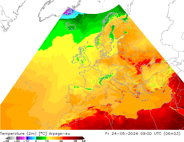 Temperatura (2m) Arpege-eu vie 24.05.2024 09 UTC