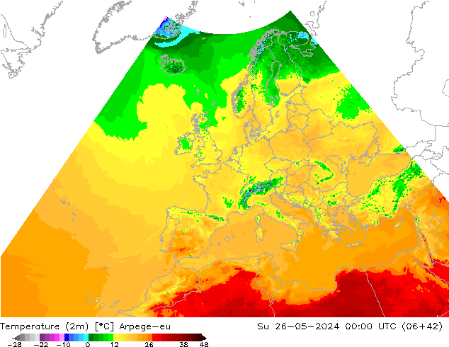 Temperaturkarte (2m) Arpege-eu So 26.05.2024 00 UTC