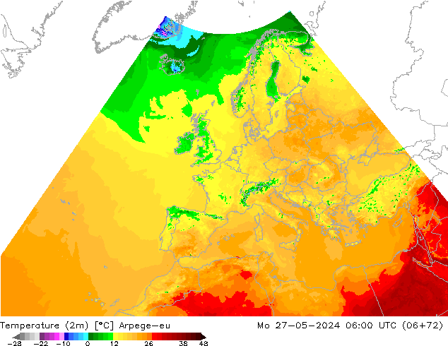 Temperatuurkaart (2m) Arpege-eu ma 27.05.2024 06 UTC