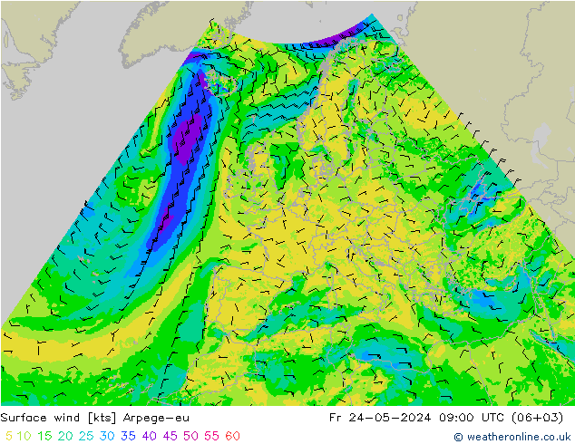 Vento 10 m Arpege-eu ven 24.05.2024 09 UTC