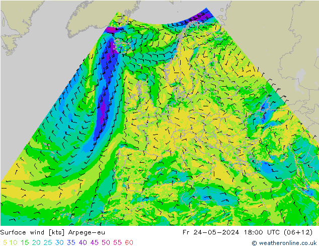 Vento 10 m Arpege-eu Sex 24.05.2024 18 UTC