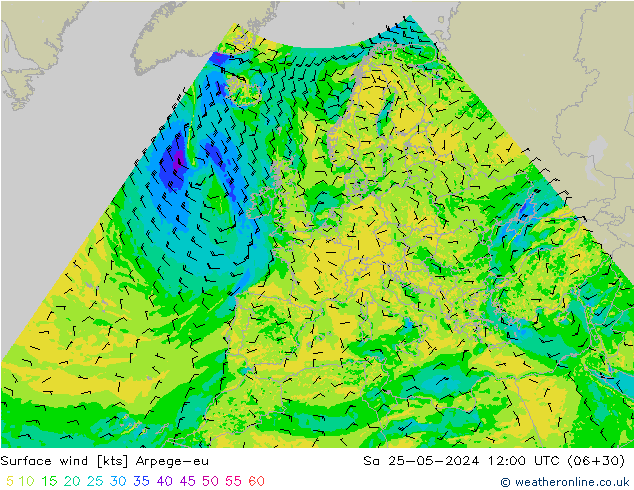 Vento 10 m Arpege-eu Sáb 25.05.2024 12 UTC