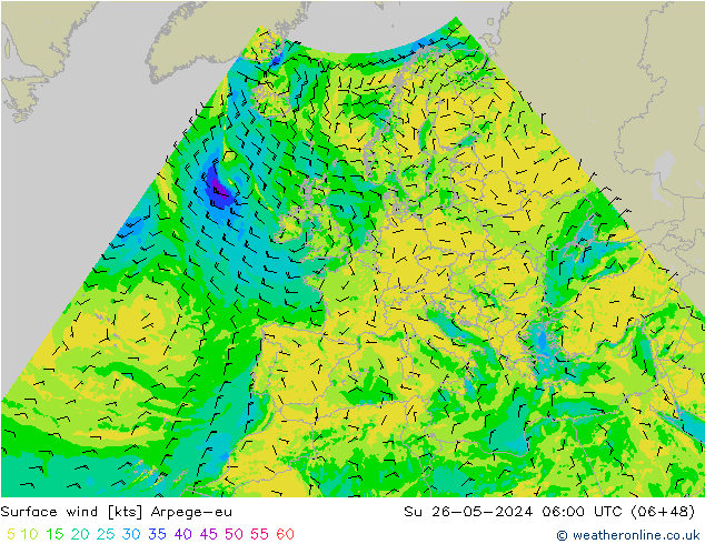 Surface wind Arpege-eu Su 26.05.2024 06 UTC