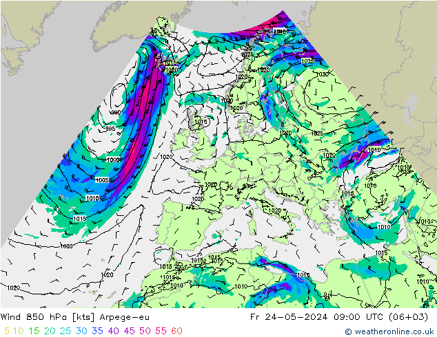 ветер 850 гПа Arpege-eu пт 24.05.2024 09 UTC