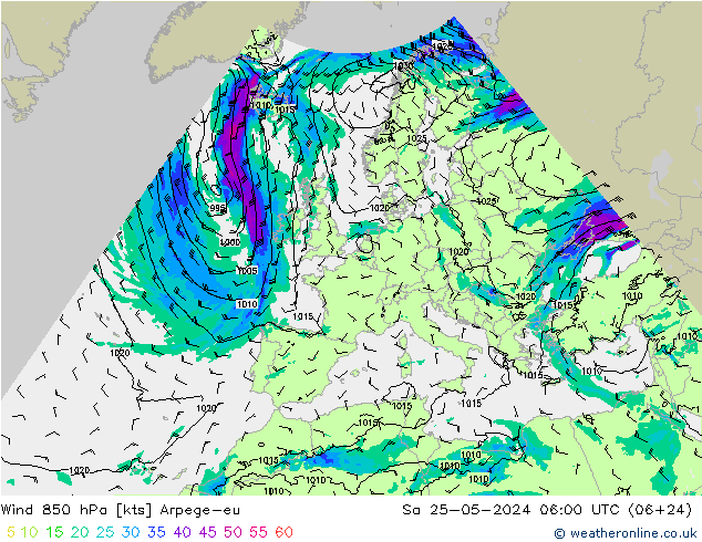 Vento 850 hPa Arpege-eu Sáb 25.05.2024 06 UTC