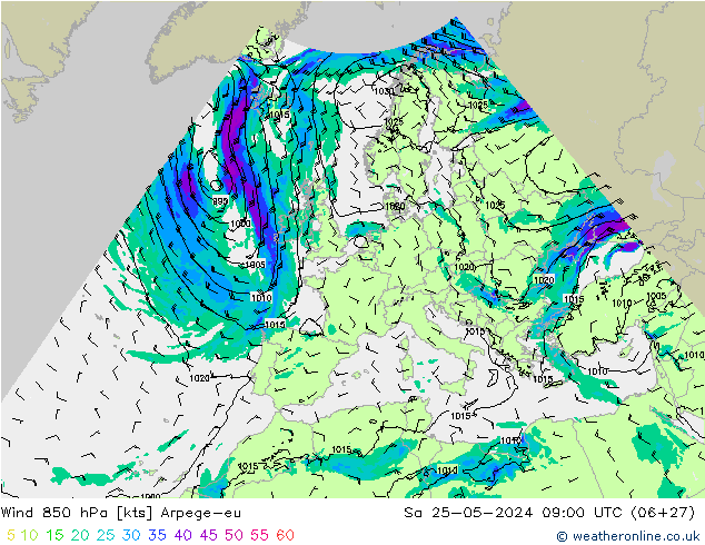 Wind 850 hPa Arpege-eu Sa 25.05.2024 09 UTC