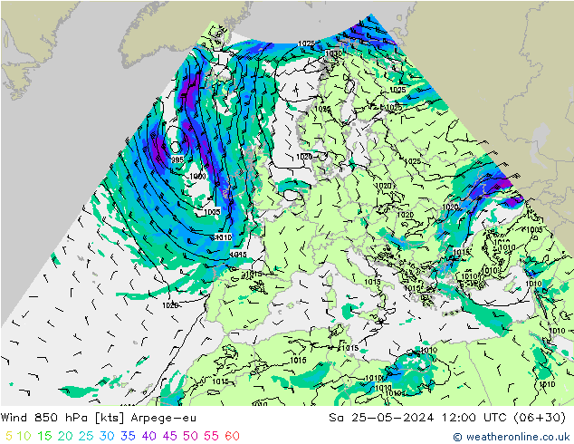 wiatr 850 hPa Arpege-eu so. 25.05.2024 12 UTC