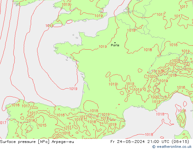 Pressione al suolo Arpege-eu ven 24.05.2024 21 UTC