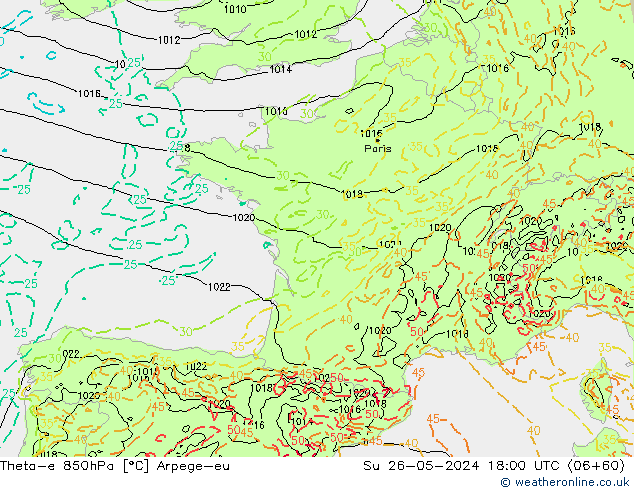 Theta-e 850hPa Arpege-eu nie. 26.05.2024 18 UTC