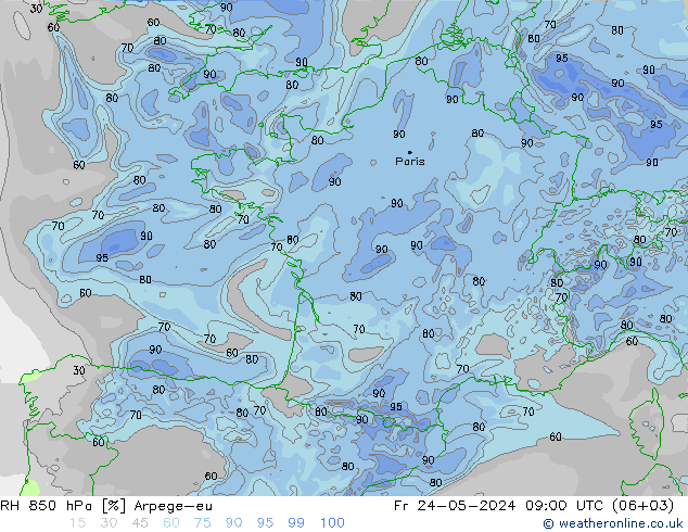 RH 850 hPa Arpege-eu ven 24.05.2024 09 UTC