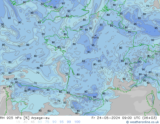 RH 925 hPa Arpege-eu Fr 24.05.2024 09 UTC