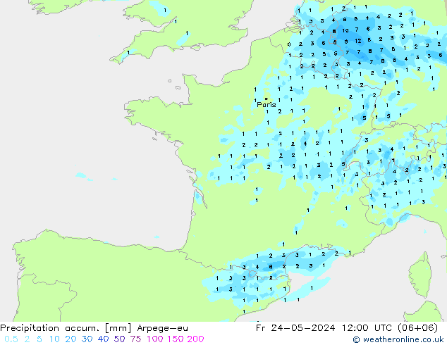 Totale neerslag Arpege-eu vr 24.05.2024 12 UTC