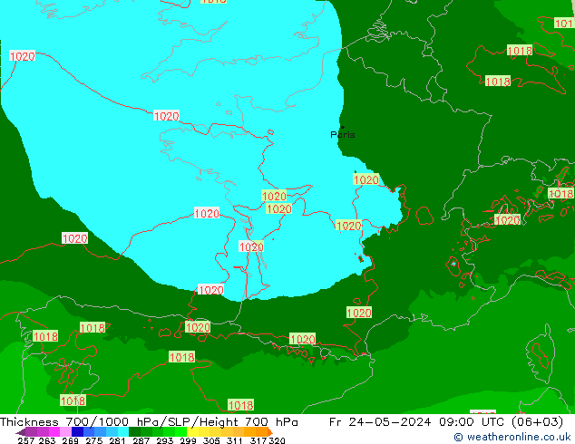 Thck 700-1000 hPa Arpege-eu Fr 24.05.2024 09 UTC