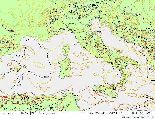 Theta-e 850hPa Arpege-eu Sa 25.05.2024 12 UTC