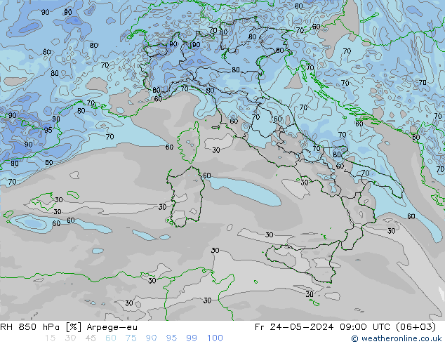 RH 850 hPa Arpege-eu ven 24.05.2024 09 UTC