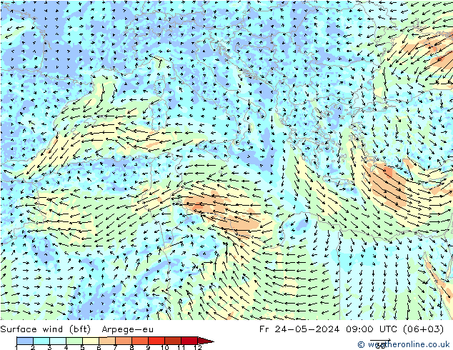 Wind 10 m (bft) Arpege-eu vr 24.05.2024 09 UTC