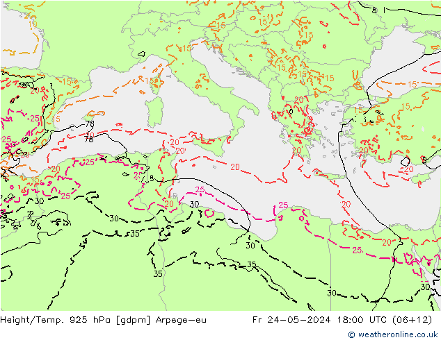 Yükseklik/Sıc. 925 hPa Arpege-eu Cu 24.05.2024 18 UTC