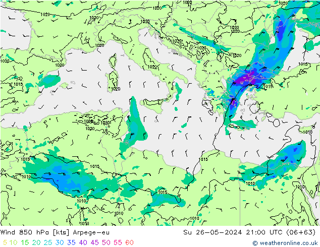 Wind 850 hPa Arpege-eu Su 26.05.2024 21 UTC