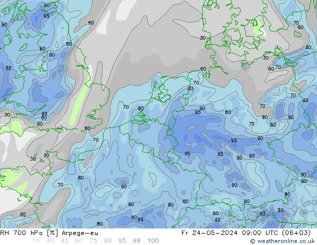 RH 700 hPa Arpege-eu Fr 24.05.2024 09 UTC