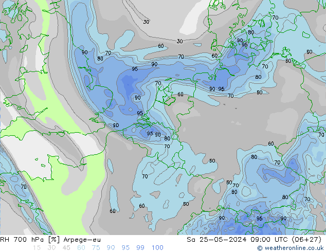 Humedad rel. 700hPa Arpege-eu sáb 25.05.2024 09 UTC