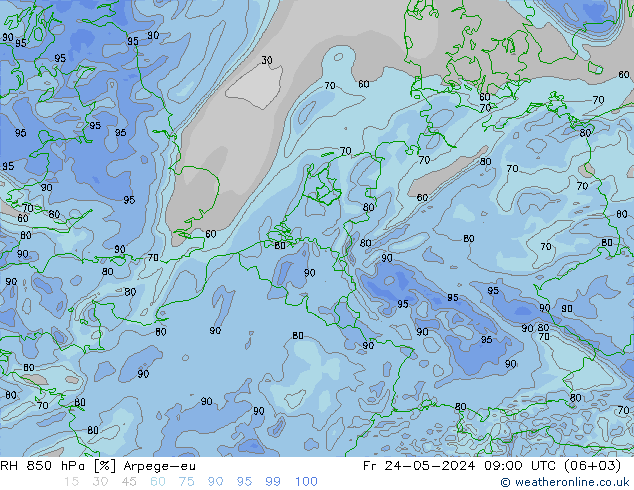 RH 850 hPa Arpege-eu Fr 24.05.2024 09 UTC