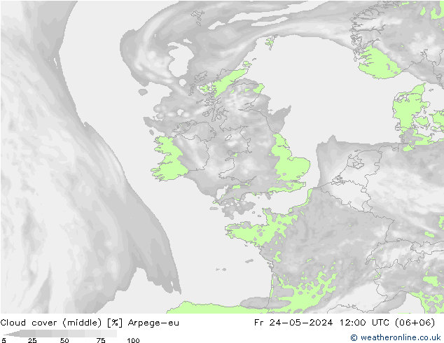 Cloud cover (middle) Arpege-eu Fr 24.05.2024 12 UTC