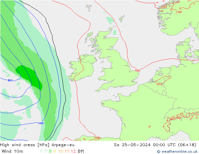 High wind areas Arpege-eu Sa 25.05.2024 00 UTC