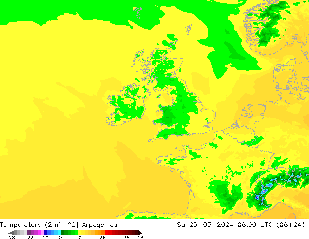 Temperaturkarte (2m) Arpege-eu Sa 25.05.2024 06 UTC