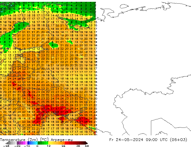 Temperatuurkaart (2m) Arpege-eu vr 24.05.2024 09 UTC