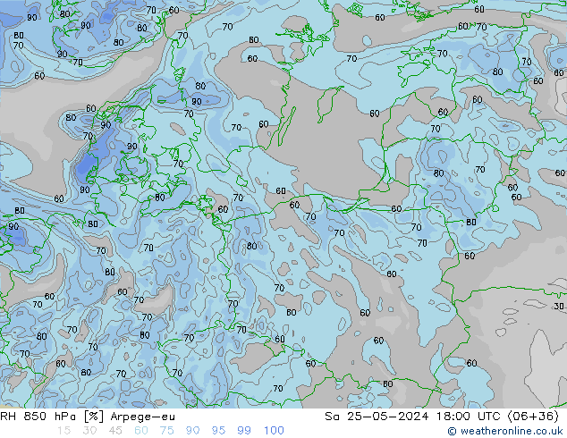 Humidité rel. 850 hPa Arpege-eu sam 25.05.2024 18 UTC