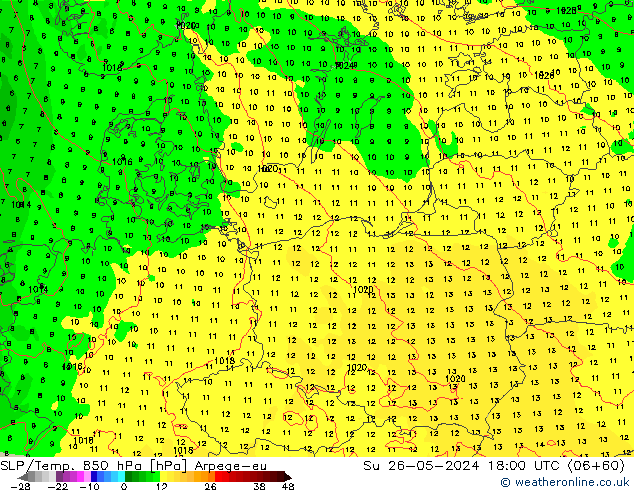 SLP/Temp. 850 hPa Arpege-eu zo 26.05.2024 18 UTC