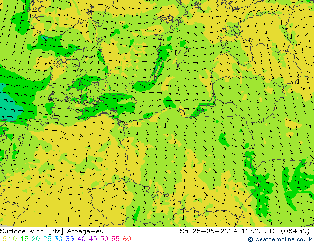 wiatr 10 m Arpege-eu so. 25.05.2024 12 UTC