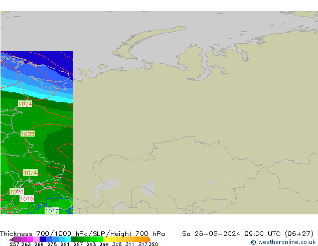 Thck 700-1000 hPa Arpege-eu So 25.05.2024 09 UTC