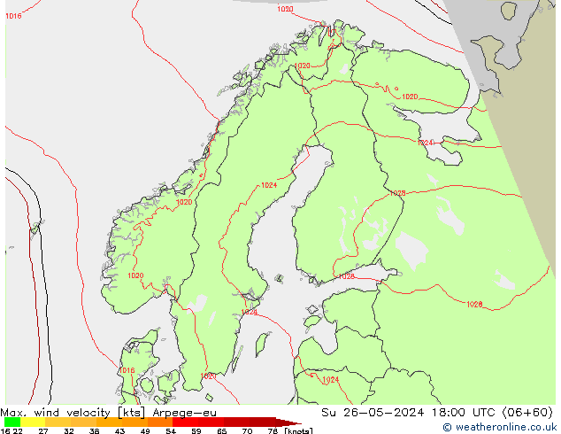Max. wind velocity Arpege-eu  26.05.2024 18 UTC