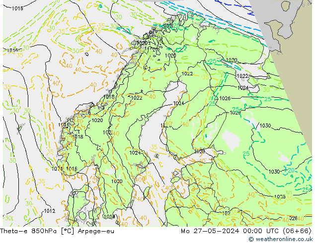 Theta-e 850hPa Arpege-eu pon. 27.05.2024 00 UTC