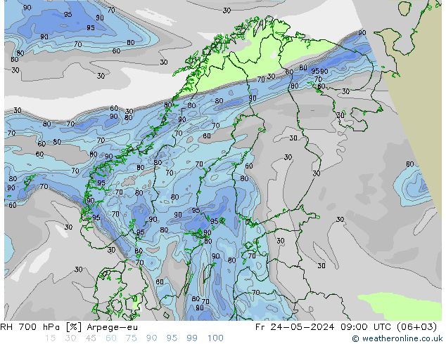 RH 700 hPa Arpege-eu ven 24.05.2024 09 UTC