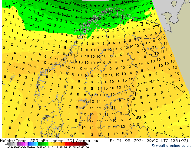 Height/Temp. 850 hPa Arpege-eu 星期五 24.05.2024 09 UTC