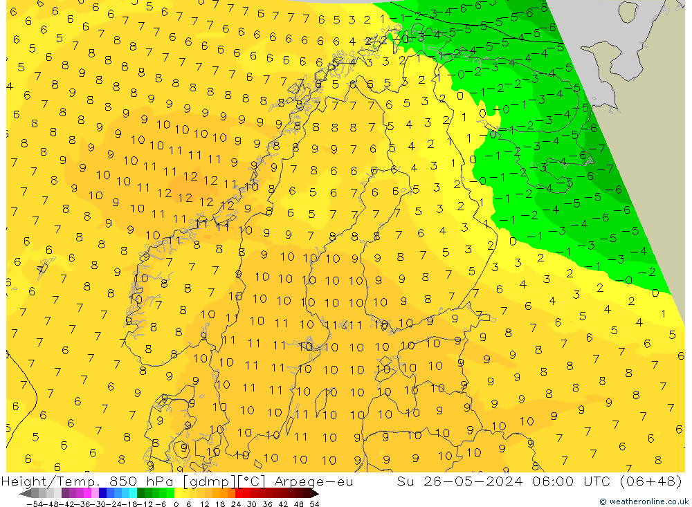 Height/Temp. 850 hPa Arpege-eu Su 26.05.2024 06 UTC