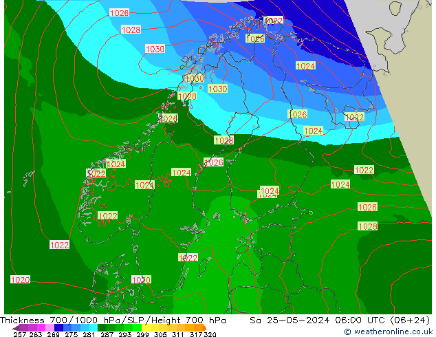 Dikte700-1000 hPa Arpege-eu za 25.05.2024 06 UTC