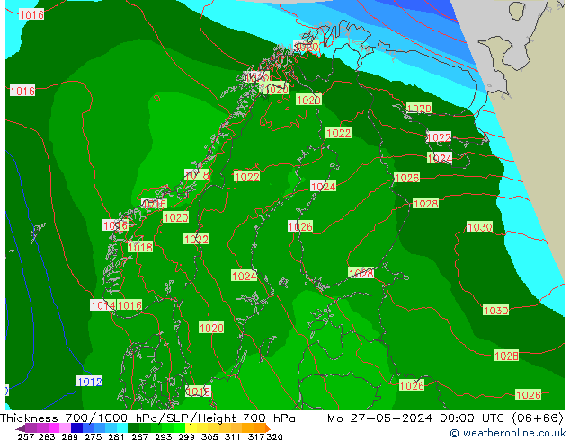 Thck 700-1000 hPa Arpege-eu Mo 27.05.2024 00 UTC