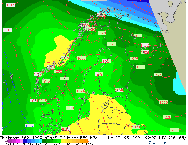 Thck 850-1000 hPa Arpege-eu pon. 27.05.2024 00 UTC